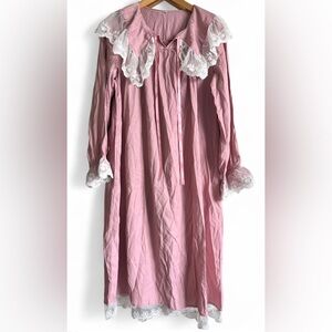 Pink White Lace Collar Coquette Girl Cottagecore Long Sleeve Nightgown Sleepwear